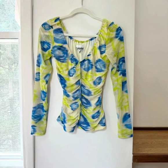 New Ganni Floral Mesh Scoop Neck Long Sleeve Top Shirt Green Blue - Picture 6 of 13